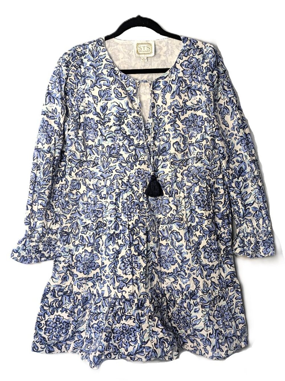 Sail to Sable Blue Floral Cotton Long Sleeve Tassel Dress Womens Medium M